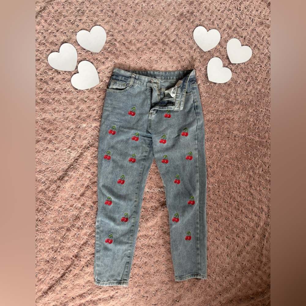 SAINT LAURENT ~ PARIS ~ Embroidered Cherry Women's Straight Leg Jeans